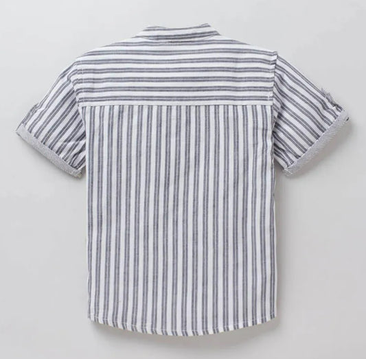 Mandarin Collar Striped Half- Sleeved Shirt
